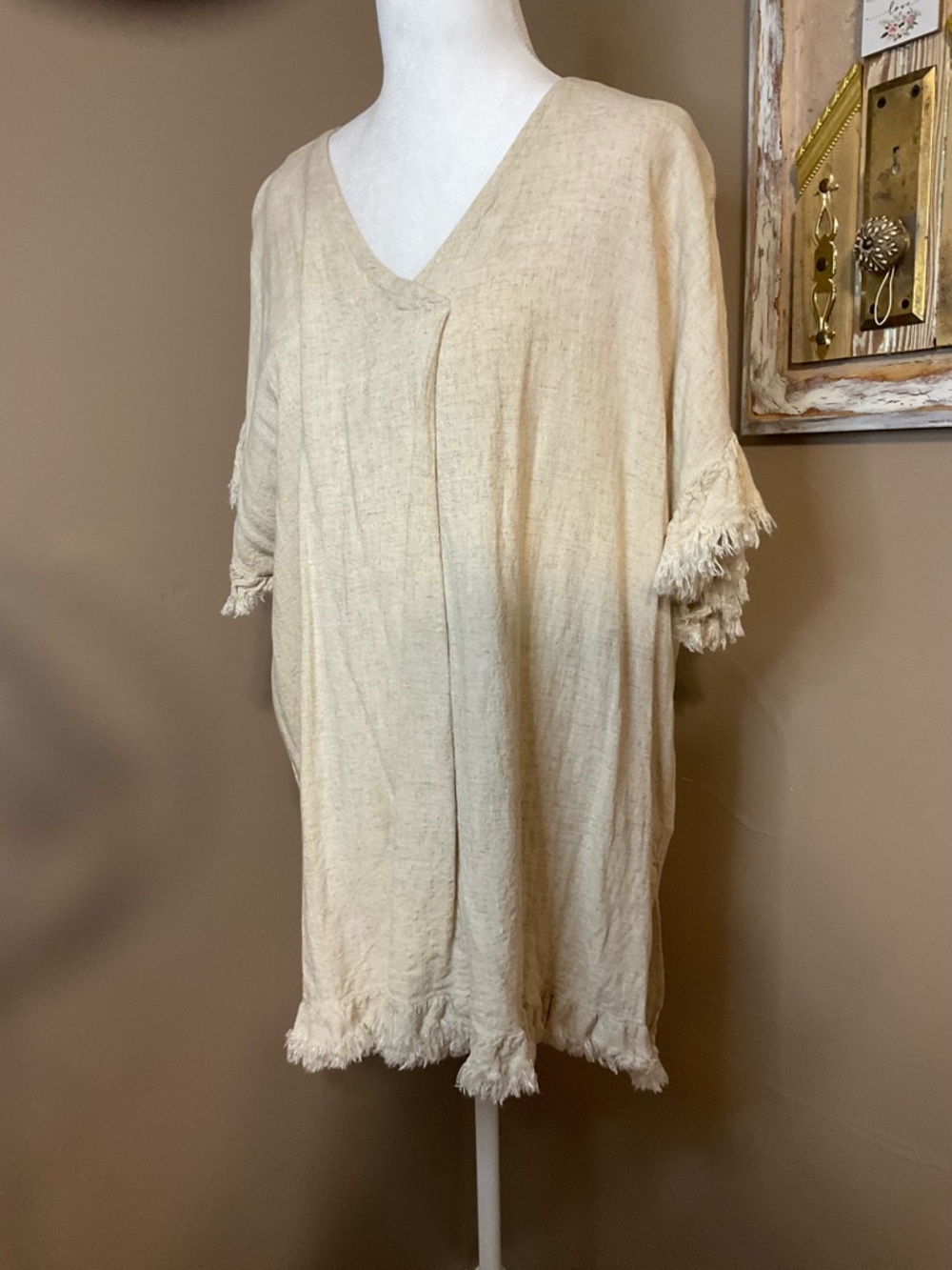 Fringed V-Neck Cream Tunic Top